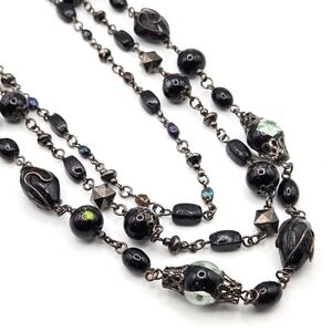 Vintage Black Painted and Dichroic Glass Bead Necklace Gunmetal 30" Handmade 80s